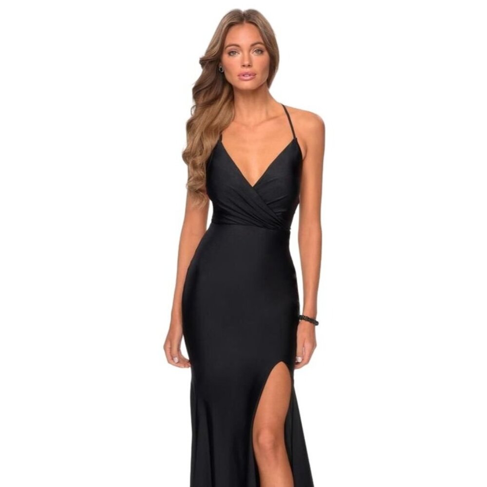 La Femme Womens Black sz 10 V-Neck Sexy Back Fitted Front Slit Maxi Gown Dress